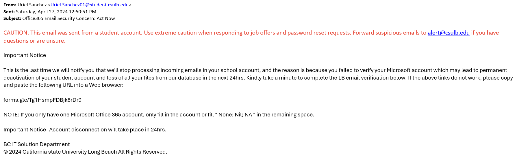 screenshot of the phishing email described below