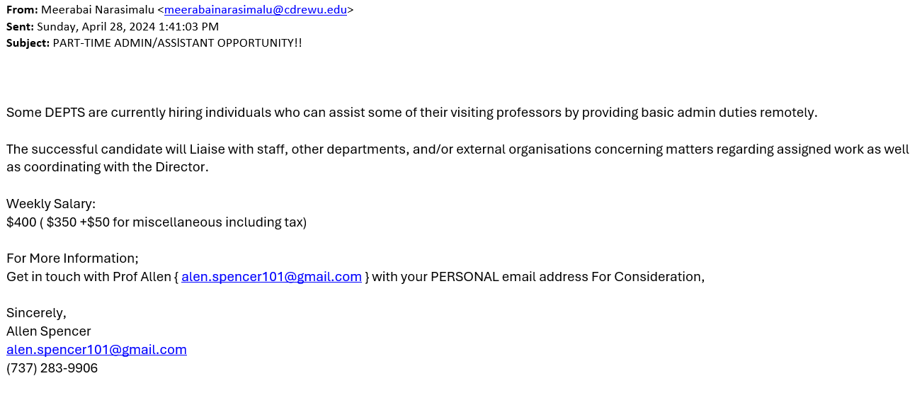 screenshot of the phishing email described below