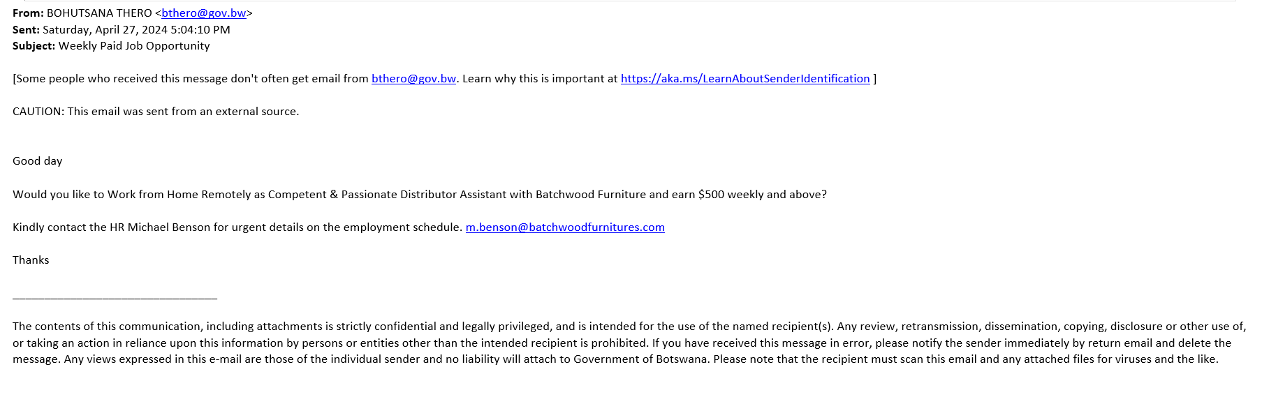 screenshot of the phishing email described below