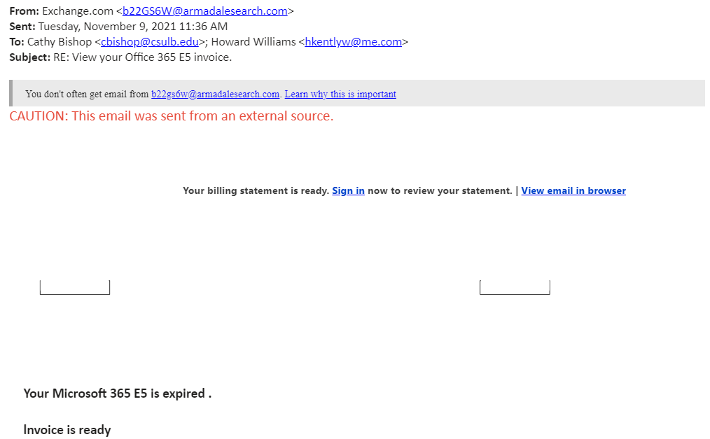 screenshot of the phishing email described below