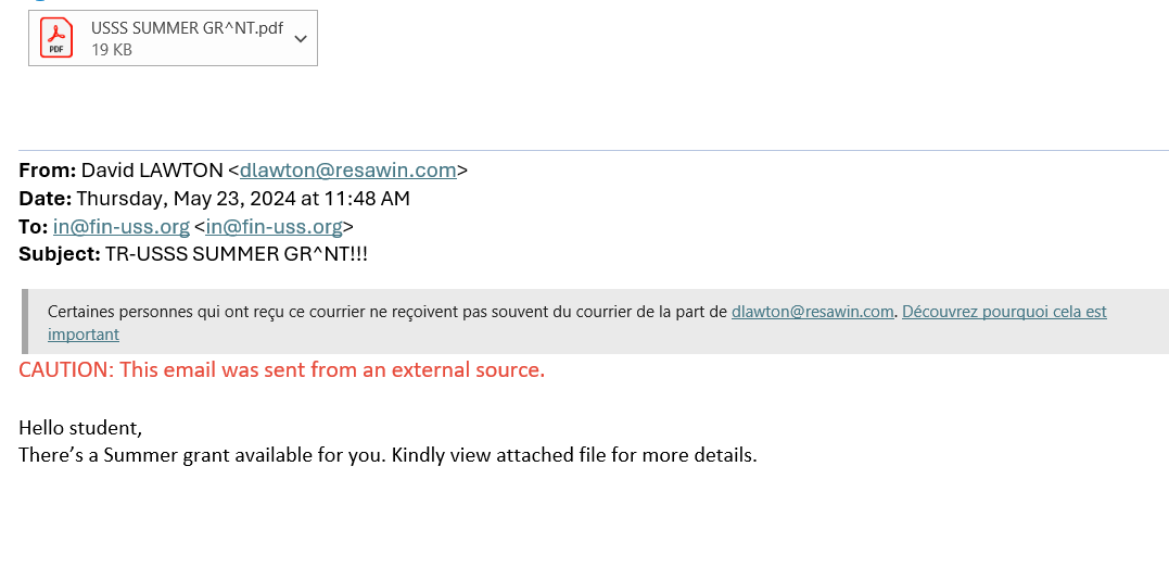 screenshot of the phishing email described below