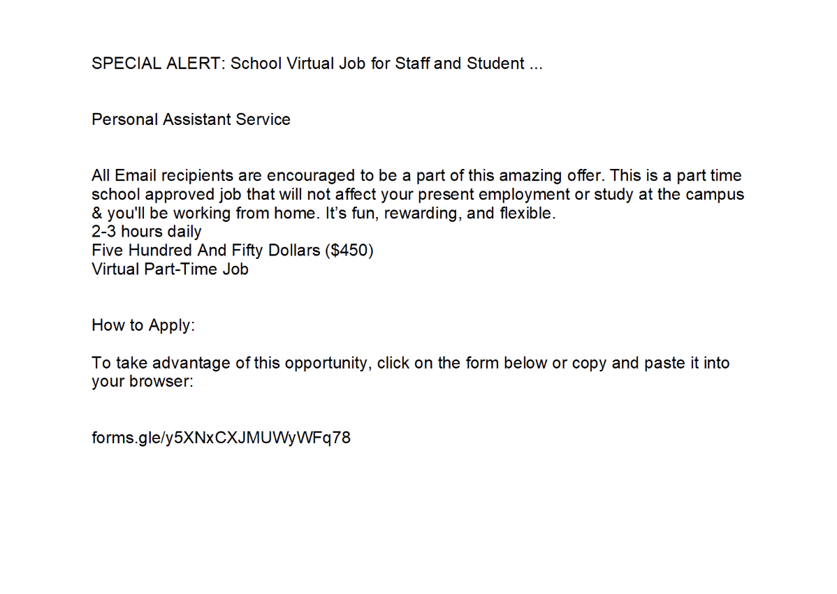 screenshot of the phishing email described below