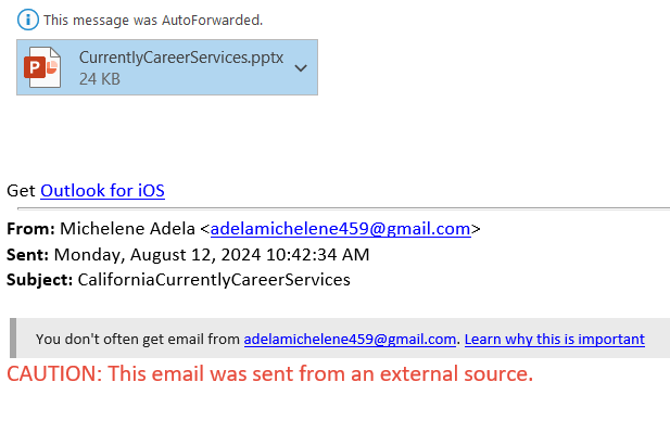 screenshot of the phishing email described below