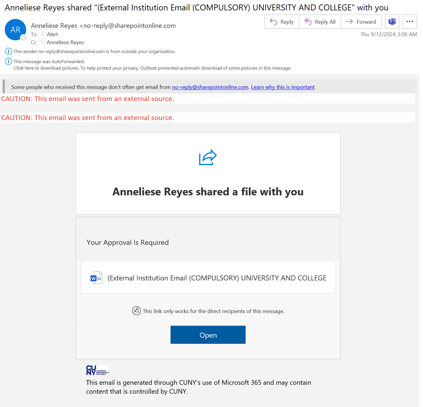 screenshot of the phishing email described below