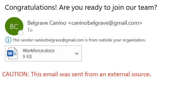 screenshot of the phishing email described below