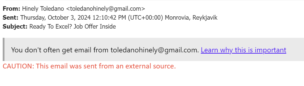 screenshot of the phishing email described below
