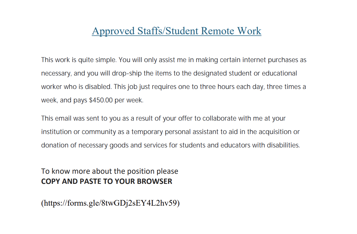 screenshot of the phishing email described below