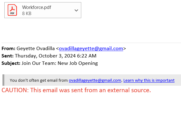 screenshot of the phishing email described below