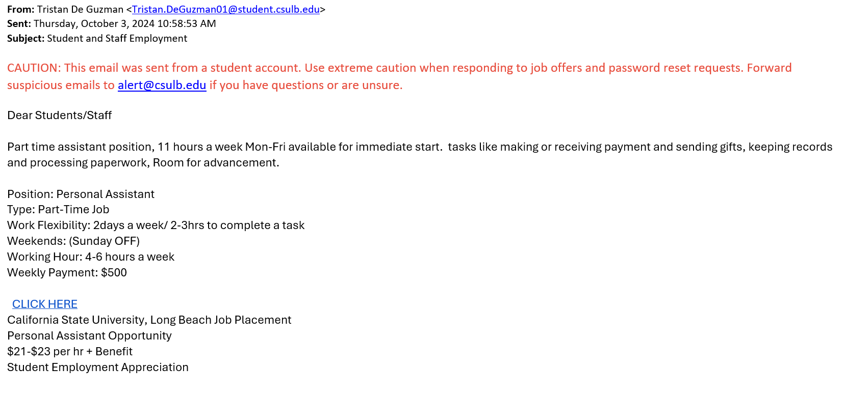 screenshot of the phishing email described below