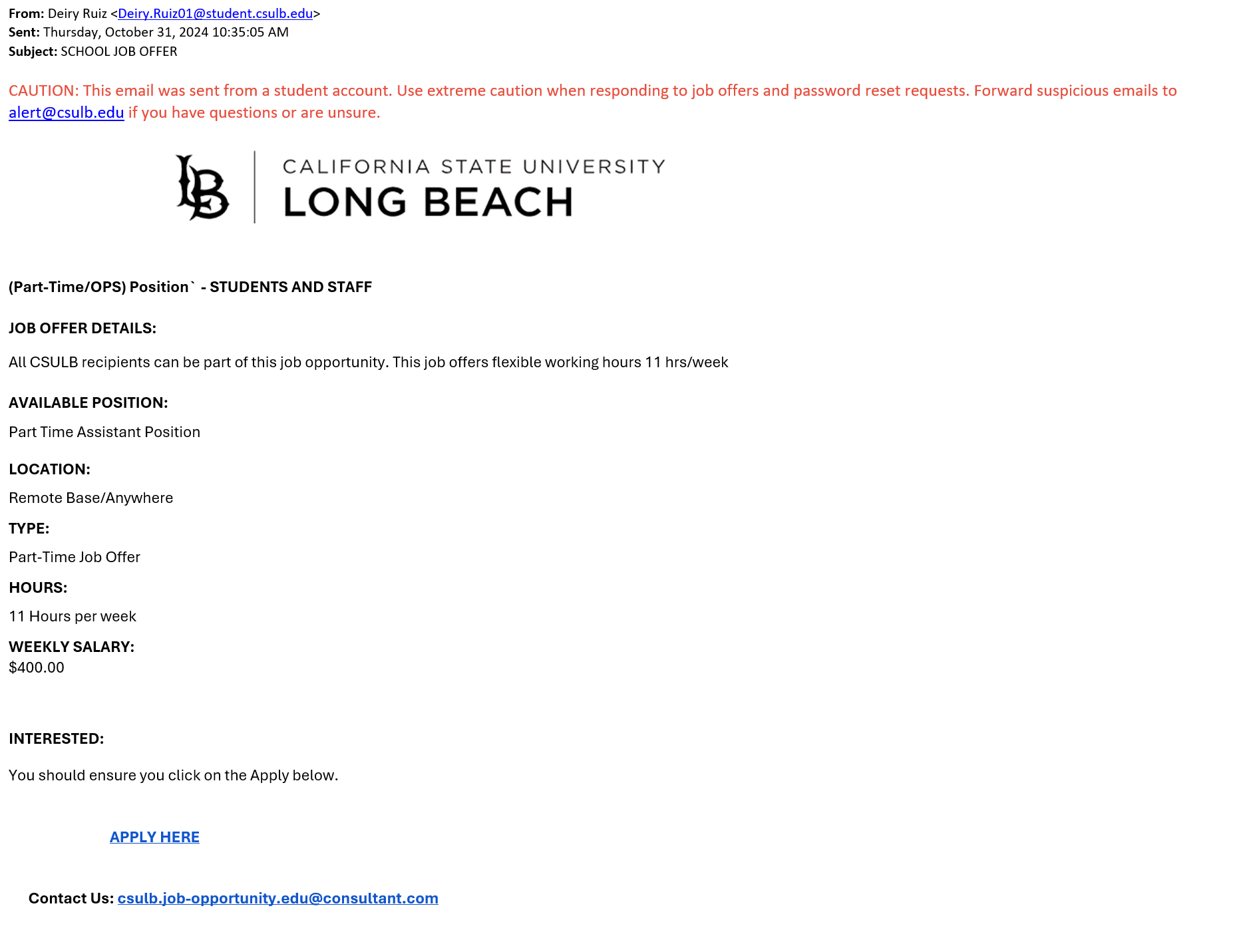 screenshot of the phishing email described below