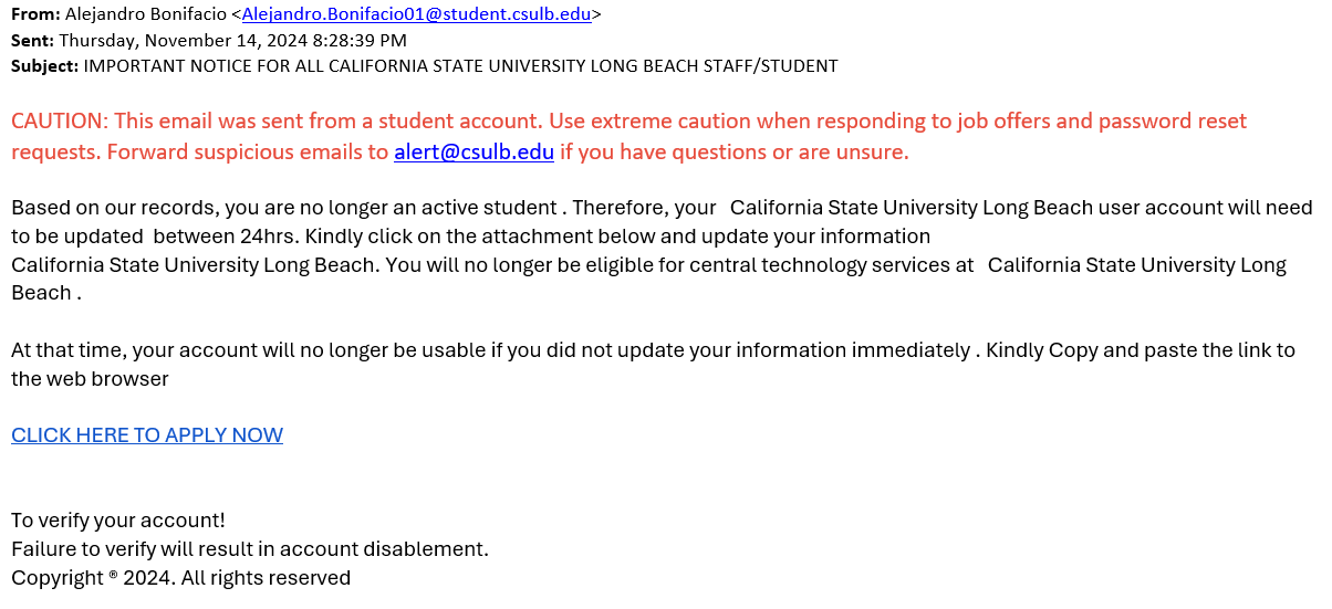 screenshot of the phishing email described below