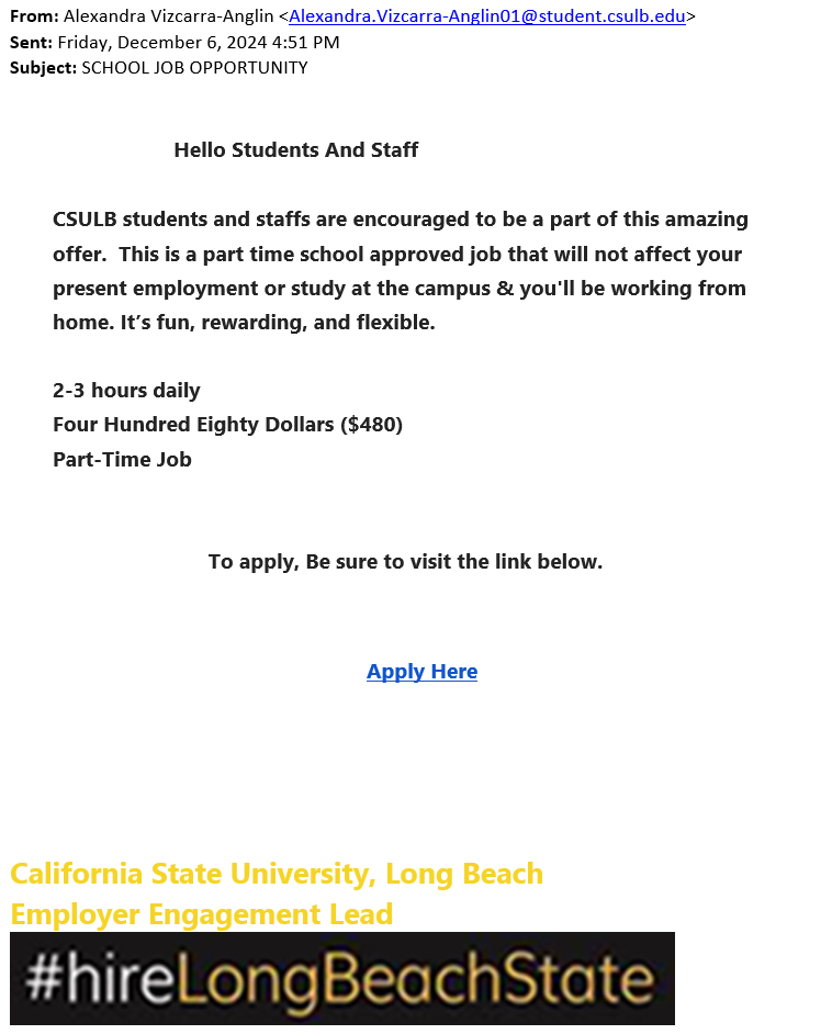 screenshot of the phishing email described below