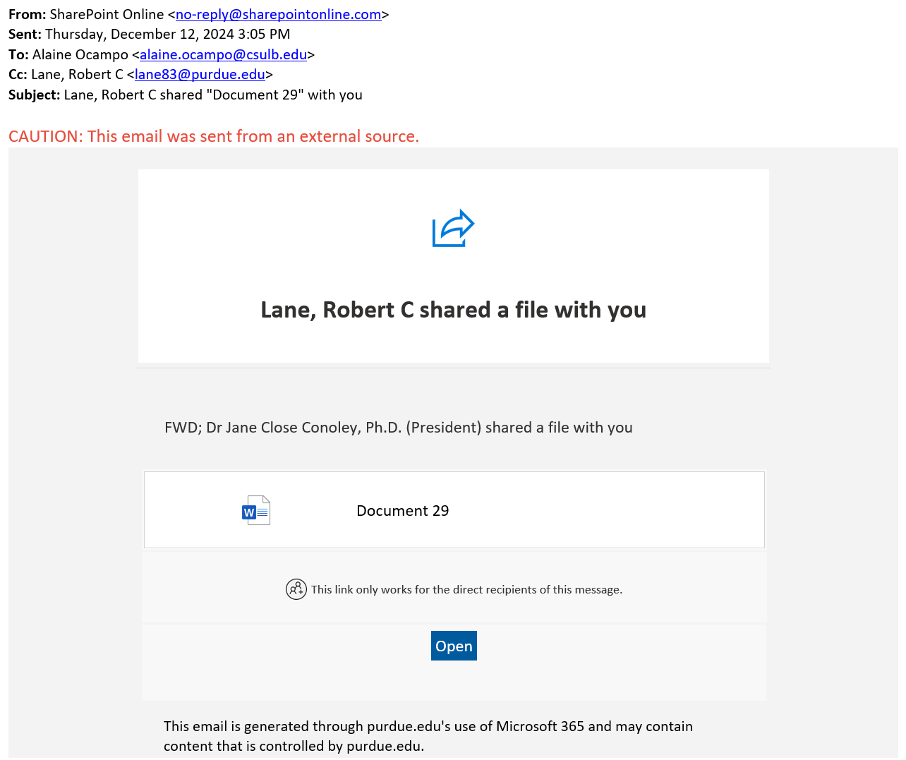 screenshot of the phishing email described below