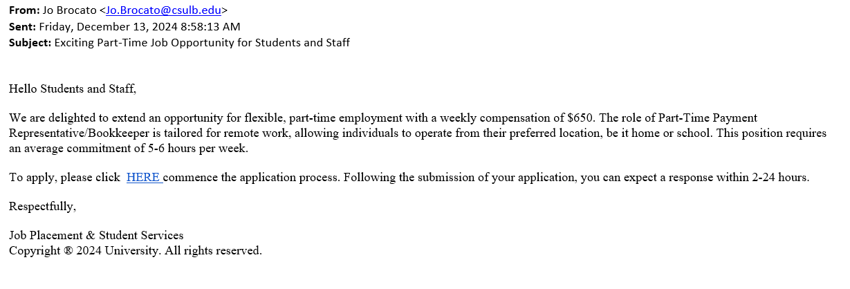 screenshot of the phishing email described below
