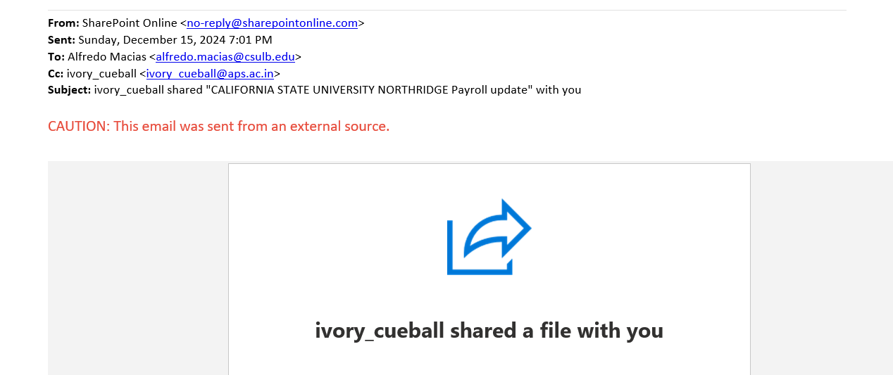 screenshot of the phishing email described below