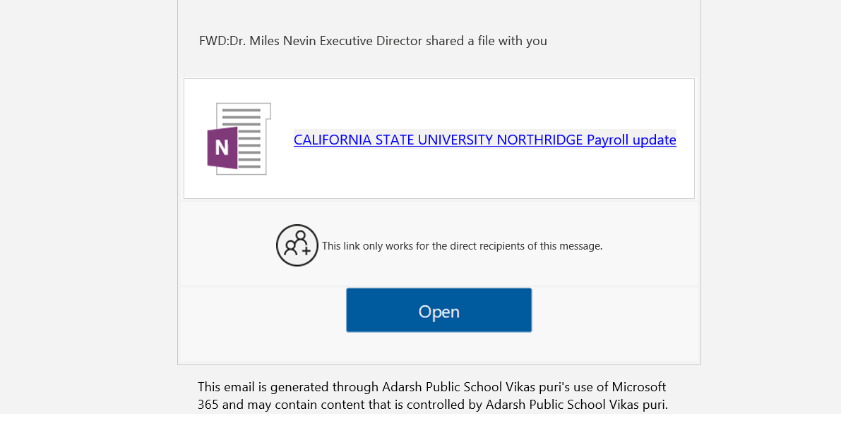 screenshot of the phishing email described below