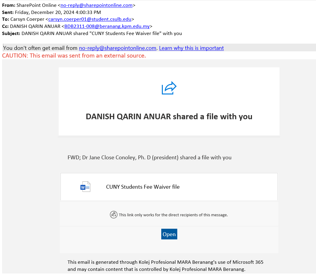 screenshot of the phishing email described below