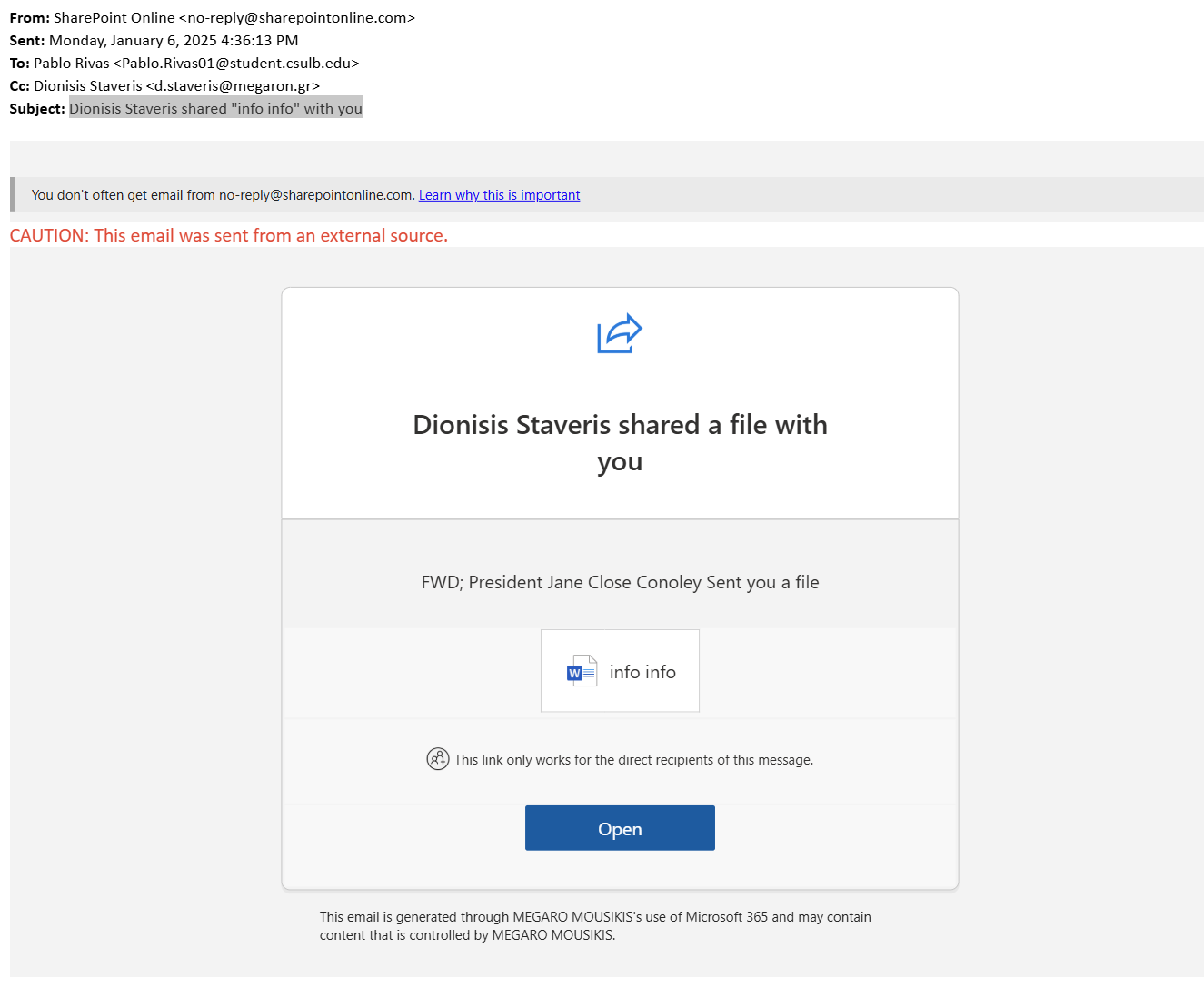 screenshot of the phishing email described below