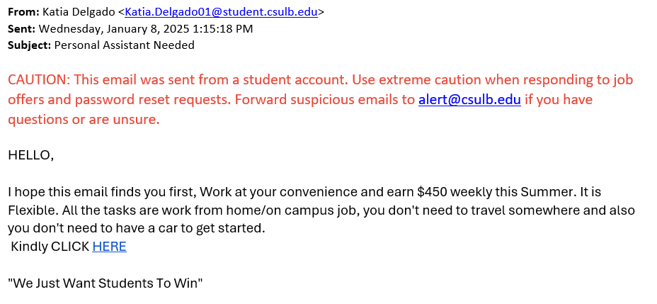 screenshot of the phishing email described below