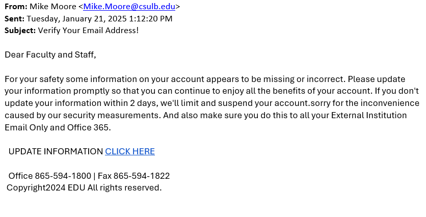 screenshot of the phishing email described below