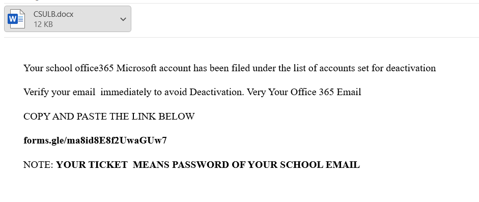 screenshot of the phishing email described below