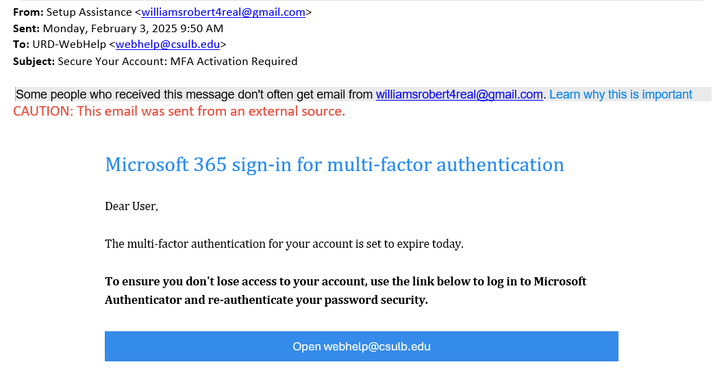 screenshot of the phishing email described below