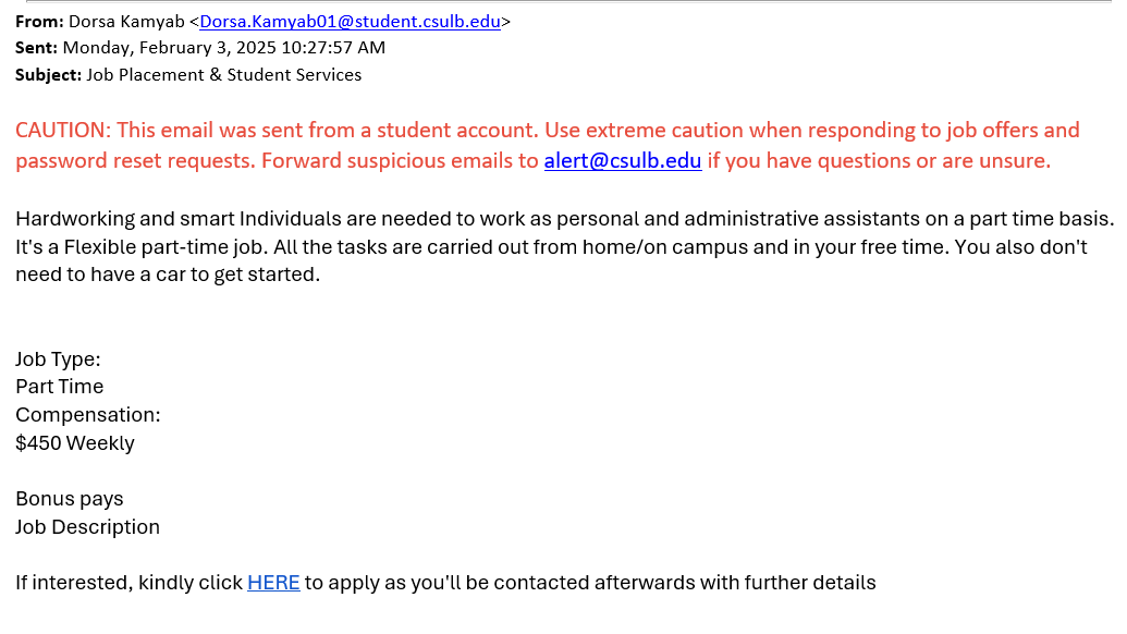 screenshot of the phishing email described below