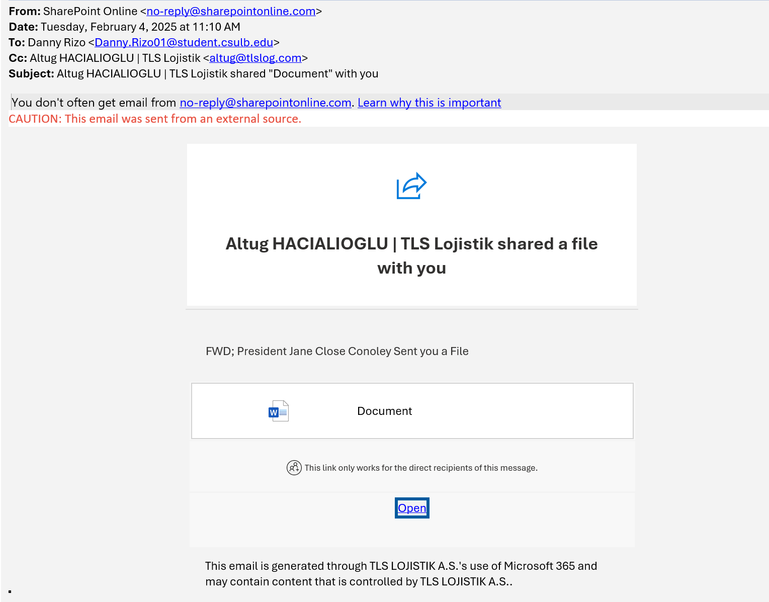 screenshot of the phishing email described below