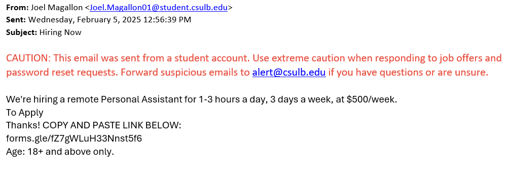 screenshot of the phishing email described below