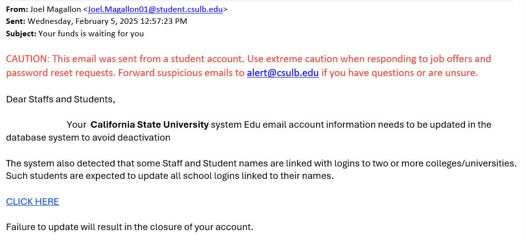 screenshot of the phishing email described below