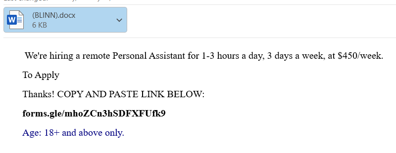 screenshot of the phishing email described below