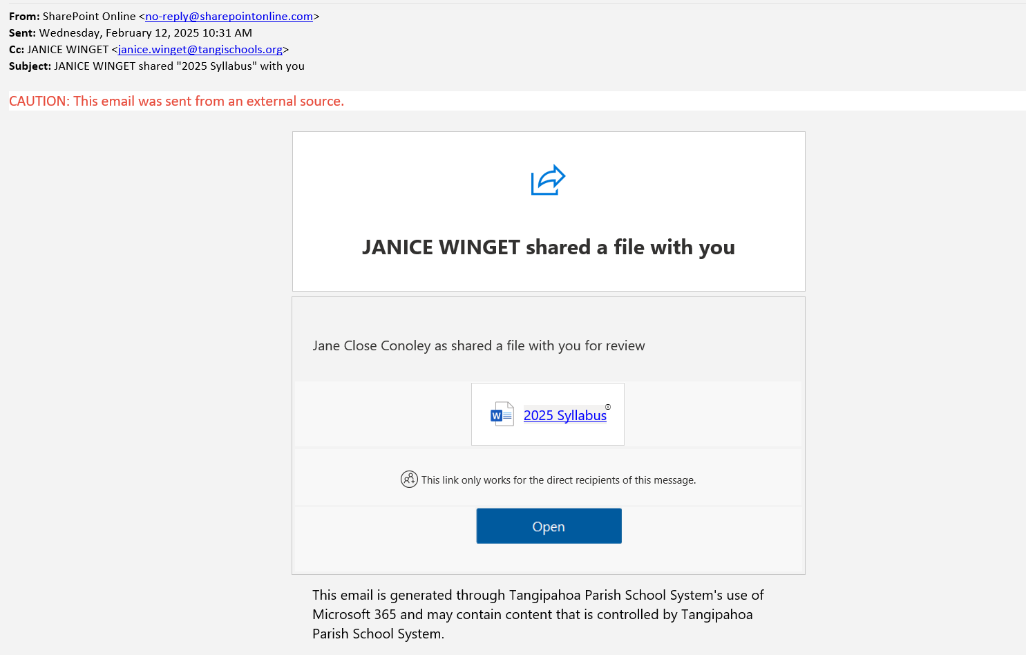 screenshot of the phishing email described below