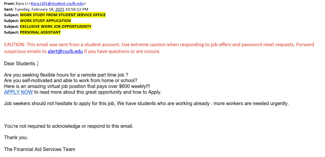 screenshot of the phishing email described below