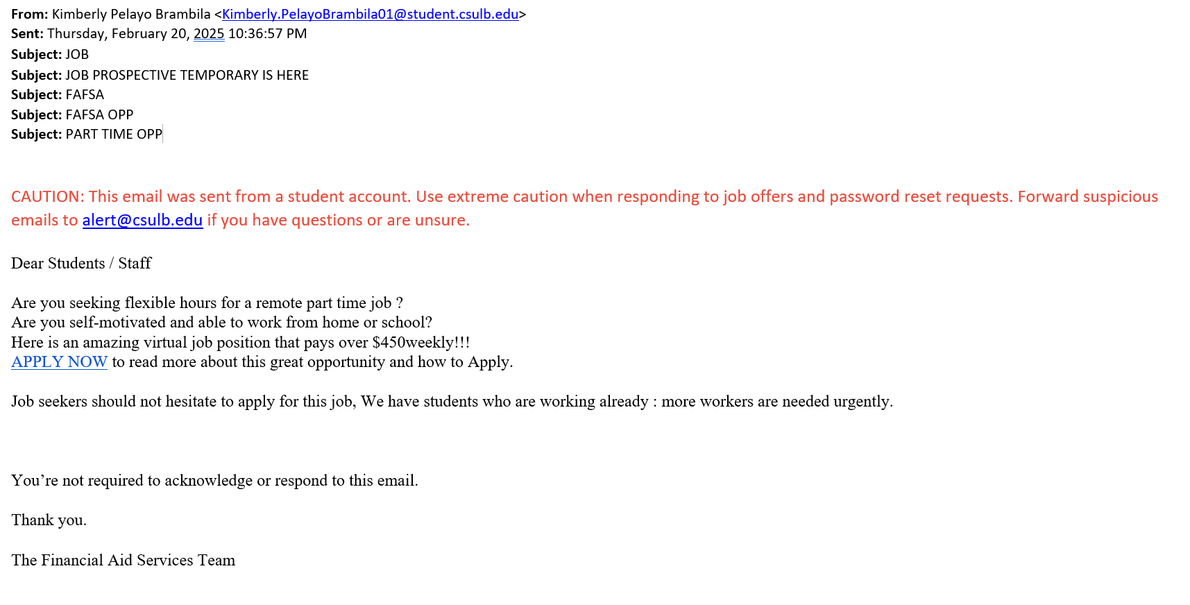 screenshot of the phishing email described below