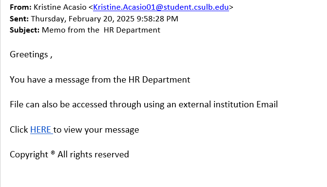 screenshot of the phishing email described below