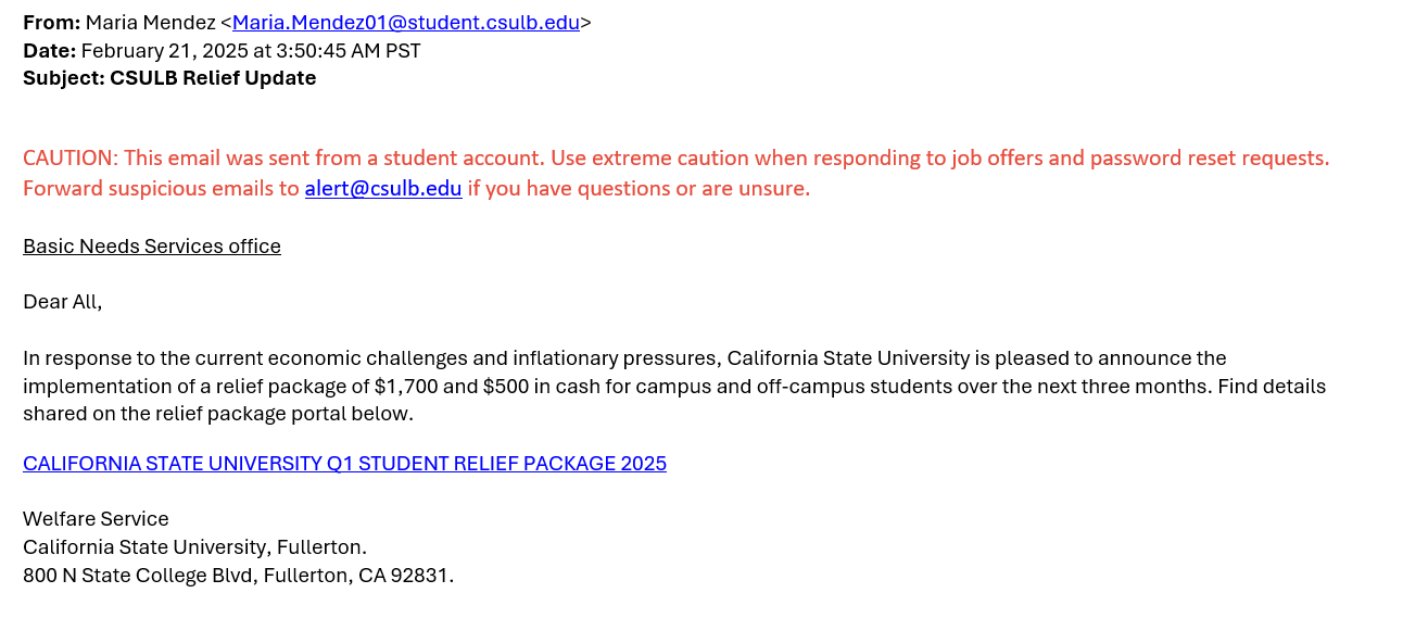 screenshot of the phishing email described below