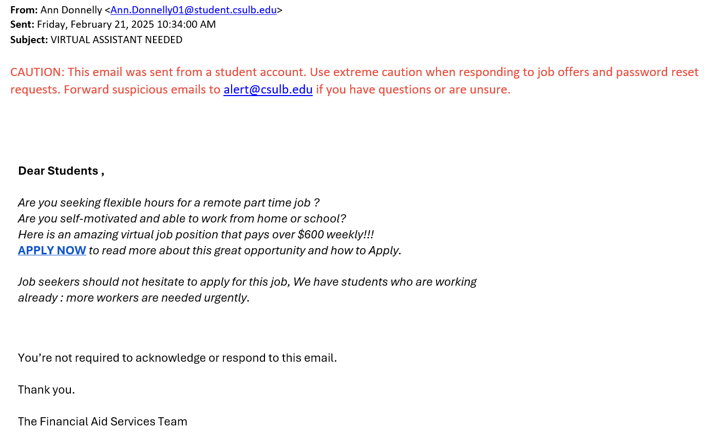 screenshot of the phishing email described below