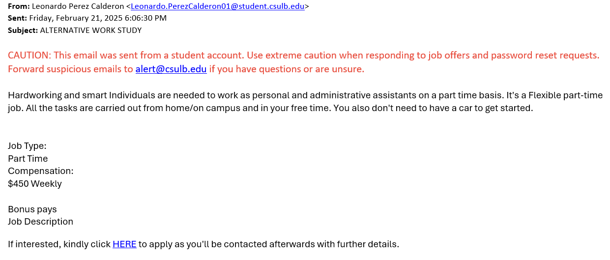 screenshot of the phishing email described below